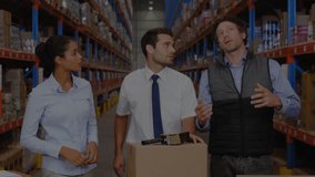 Animation of connected icons over multiracial coworkers discussing in warehouse. Digital composite, multiple exposure, communication, teamwork, shipping, abstract and distribution concept. - Powered by Shutterstock - Get 15% off with code: PIKWIZARD15