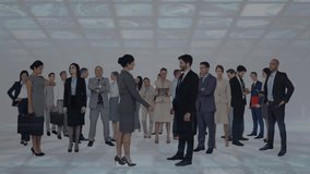 Animation of network of connections with icons over diverse business people in office. Global connections, business, finance, computing and data processing concept digitally generated video.