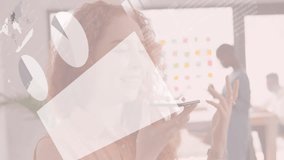 Animation of data processing over businesswoman using smartphone in office. Global business, finance, computing and data processing concept digitally generated video. - Powered by Shutterstock - Get 15% off with code: PIKWIZARD15