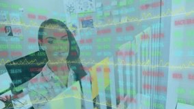 Animation of financial data processing over businesswoman in office. Global business, finance, computing and data processing concept digitally generated video. - Powered by Shutterstock - Get 15% off with code: PIKWIZARD15
