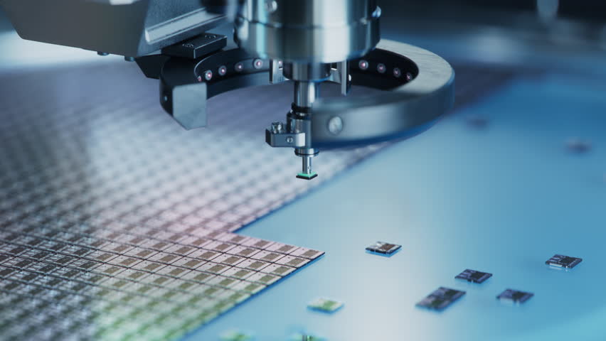 Close-up of Silicon Die are being Extracted from Semiconductor Wafer and Attached to Substrate by Pick and Place Machine. Computer Chip Manufacturing at Fab. Semiconductor Packaging Process.  Royalty-Free Stock Footage #1099343251