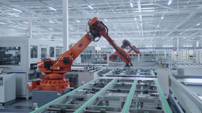 Time-lapse video of Automated Solar Panel Production Line. Orange Industrial Robot Arms Assemble Solar Panel, Placing PV Cells. Modern, Bright Manufacturing Facility.
