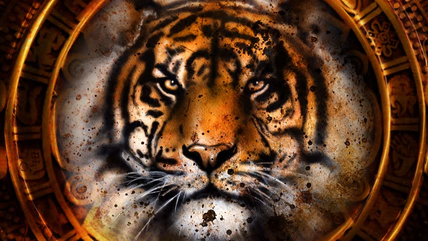 Ancient Mayan Calendar and Tiger head, abstract color Background, computer collage, Eye contact. Loop Animation | Shutterstock HD Video #1099343765