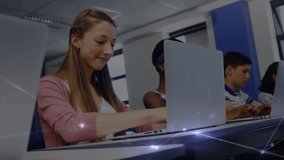 Animation of connected dots over multiracial students typing on keyboard in computer laboratory. Digital composite, multiple exposure, communication, childhood, education and technology concept. - Powered by Shutterstock - Get 15% off with code: PIKWIZARD15