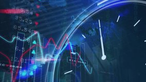 Animation of ticking clock and financial data processing over world map against blue background. Business technology concept - Powered by Shutterstock - Get 15% off with code: PIKWIZARD15