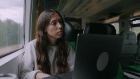 A young woman during a video call on a laptop in a train carriage. A business woman works anywhere