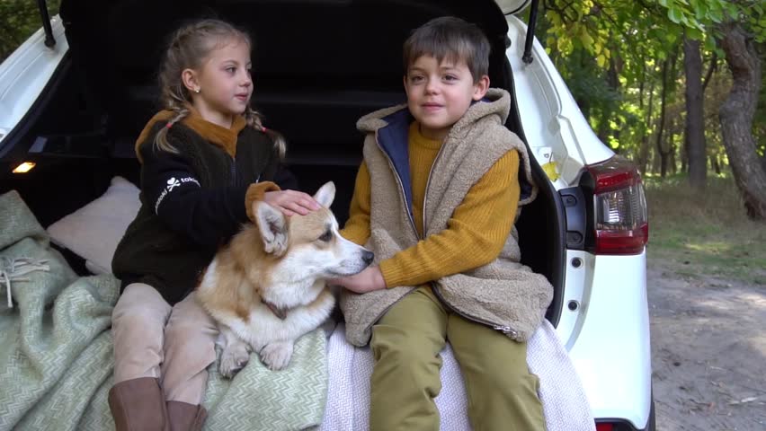 Slow Motion Two kids sitting in a car trunk with a dog before going on vacations