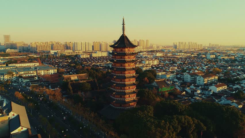 Aerial view of pagoda in city of Suzhou in Jiangsu, China