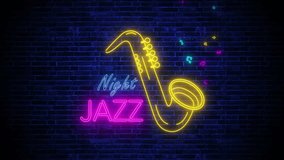 neon lights colorful jazz night and saxophone sign on brick wall background loop video, music and concept cafe, concert and bar animation