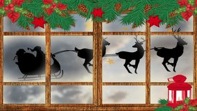 Animation of stars falling over santa claus in sleigh with reindeer at christmas. Christmas, festivity, celebration and tradition concept digitally generated video.