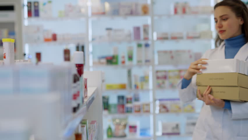 Young pharmacist checking and arranging medications in pharmacy. | Shutterstock HD Video #1099362271