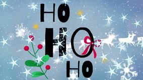 Animation of snowflakes and stars falling over ho ho ho text banner against winter landscape. Christmas festivity and celebration concept - Powered by Shutterstock - Get 15% off with code: PIKWIZARD15