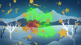 Animation of snow and stars over neon mistletoe icon against winter landscape. Christmas festivity and celebration concept - Powered by Shutterstock - Get 15% off with code: PIKWIZARD15