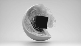 3d render of monochrome abstract art video animation surreal 3d composition with flying rotating black cube box with small splash white balls spheres dust particles in water liquid structure around   - Powered by Shutterstock - Get 15% off with code: PIKWIZARD15