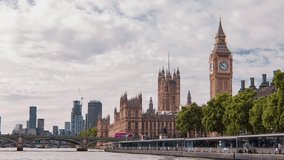 Cinematic moving shot of London Westminster Bridge, Palace of Westminster Big Ben and Thames River England, United Kingdom on a beautiful sunny day - Powered by Shutterstock - Get 15% off with code: PIKWIZARD15
