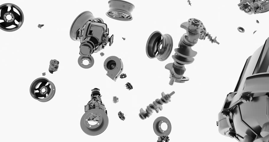 Lots of car parts in motion. A lot of different car parts in motion on a white background. Footage video Royalty-Free Stock Footage #1099367829