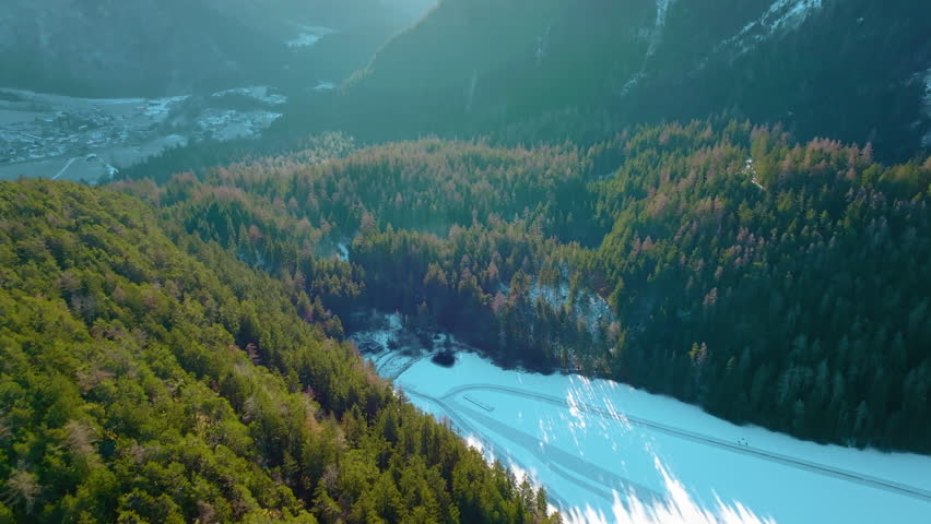 Aerial view of Lake Piburg in winter. Oetztal, Austria.