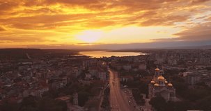 Varna, Bulgaria 4k panorama drone video. Aerial panoramic view of Varna city center, streets and sea lake