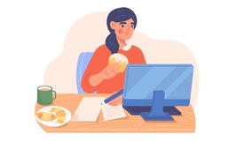 Freelancer eating food at workplace video concept. Moving girl entrepreneur works on computer, makes report, eats cupcake and drinks coffee. Snack or lunch at office. Flat graphic animated cartoon