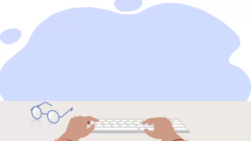 Work place at home video concept. Moving hands of employee hold mouse and work on computer keyboard in front of monitor. Screen with green chroma key or copy space. Flat graphic animated cartoon