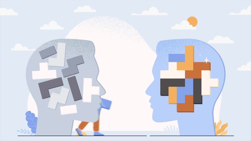 Logical thinking video concept. Moving man puts puzzle pieces together in his mind. Metaphor for thought process and brainstorm. Finding solutions and making decisions. Flat graphic animated cartoon | Shutterstock HD Video #1099376757