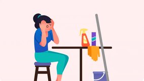 Tired unhappy woman video concept. Frustrated young girl exhausted by cleaning and household chores. Moving housewife suffering from headache and housework. Flat graphic animated cartoon