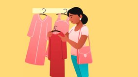 Shopping and buying clothes video concept. Young moving girl chooses dress in fashion store, boutique or showroom. Character makes purchase. Stylish outfit. Flat graphic animated cartoon