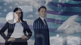 Animation of data processing and flag of usa over caucasian business people smiling. Global business and digital interface concept digitally generated video. - Powered by Shutterstock - Get 15% off with code: PIKWIZARD15