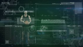 Animation of basketball player, scope scanning and data processing. Global sports, connections, business, finance, computing and data processing concept digitally generated video.