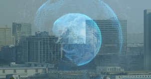 Animation of globe and cityscape over data processing. Global business and digital interface concept digitally generated video.
