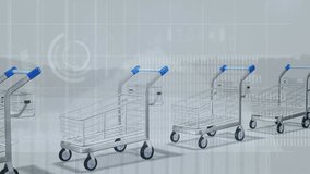 Animation of data processing over shopping carts. Shopping, retail and digital interface concept digitally generated video.