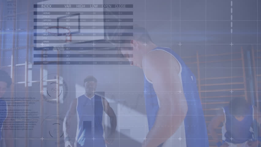Animation of statistics and data processing over basketball players. Global sports, finance, computing, connections and data processing concept digitally generated video. | Shutterstock HD Video #1099381621