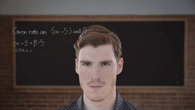 Animation of mathematical equations over caucasian man. Global education and data processing concept digitally generated video.