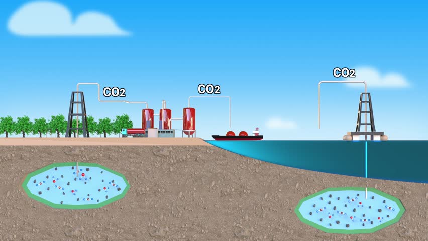Carbon dioxide capture. It stores carbon dioxide underground, either under the ground or deep in the ocean. Royalty-Free Stock Footage #1099381995