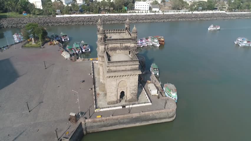 Aerial shot of the Gateway of India in Mumbai during Covid-19 Lockdown in India 
