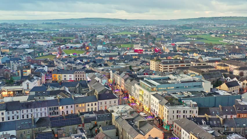 Tralee in Ireland from above, dramatic sky, beautiful clouds, sunset