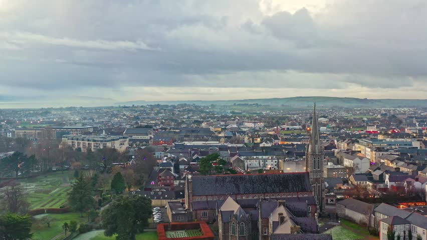 Tralee in Ireland from above, dramatic sky, beautiful clouds, sunset
