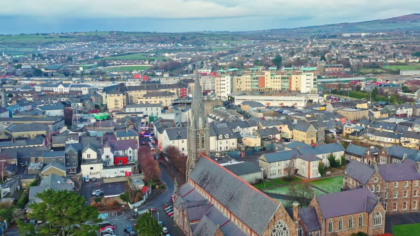 Tralee in Ireland from above, dramatic sky, beautiful clouds, sunset
