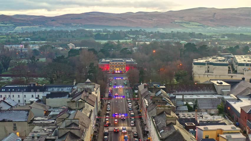 Tralee in Ireland from above, dramatic sky, beautiful clouds, sunset