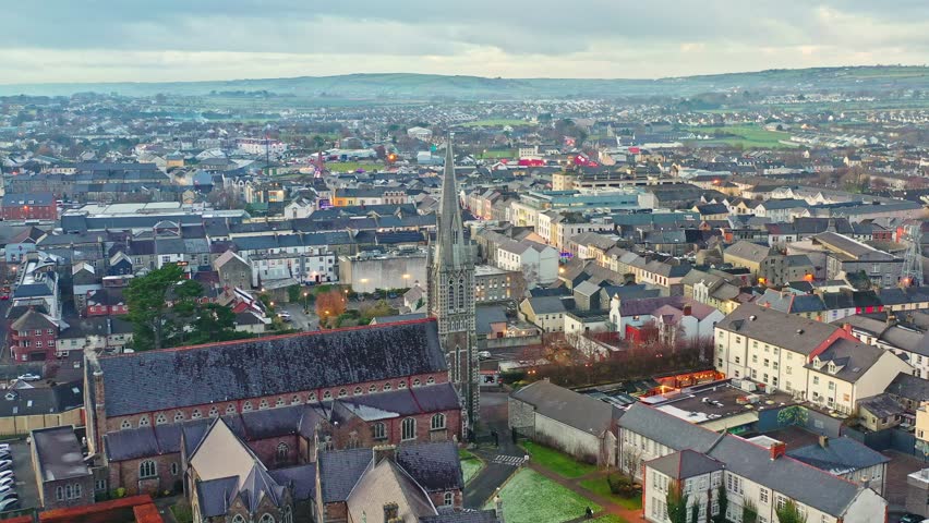 Tralee in Ireland from above, dramatic sky, beautiful clouds, sunset