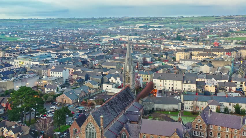 Tralee in Ireland from above, dramatic sky, beautiful clouds, sunset
