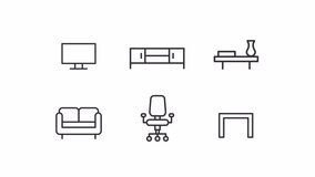 Animated homeware linear icon. Living room furniture. Dining room set. Hanging shelves. Seamless loop HD video with alpha channel on transparent background. Outline motion graphic animation