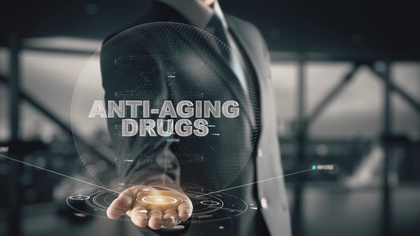 Anti-Aging Drugs with hologram businessman concept