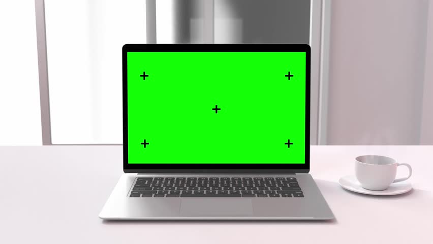 Laptop Mock-Up. computer with Green screen on work desk and cup coffee in office white room. Designed in minimal concept. Can be used in education or business background. Animation, 3D Render. | Shutterstock HD Video #1099390905