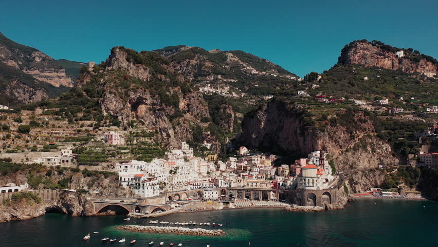Aerial view of Atrani Italy drone footage city sea  | Shutterstock HD Video #1099397683