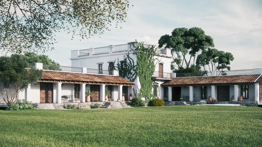 Mexican luxury villa. Luxury private home with a green lawn. 3d visualization