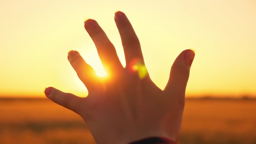 Close-up of a man's hand. The man's hand reaches for the sun. Sun glare in the fingers. The concept of travel, religion, dreams. Silhouette of a female hand in the sun. | Shutterstock HD Video #1099399391