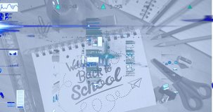 Animation of data processing over back to school text and school items. Global education and digital interface concept digitally generated video.