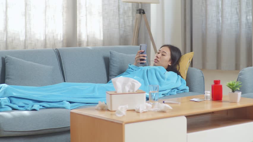 Sick Asian Woman With Blanket Using Smartphone While Lying On Sofa In The Living Room At Home
 | Shutterstock HD Video #1099402899