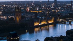 Establishing Aerial View Shot of London UK, United Kingdom, evening, dusk, dawn, British Parliament, Big Ben circling close
